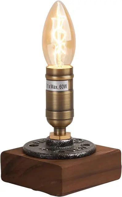 Retro Tischlampe aus Holz – Vintage LED Schreibtischleuchte im Industrial Stil, Dekorative Beleuchtung für Wohnzimmer & Büro