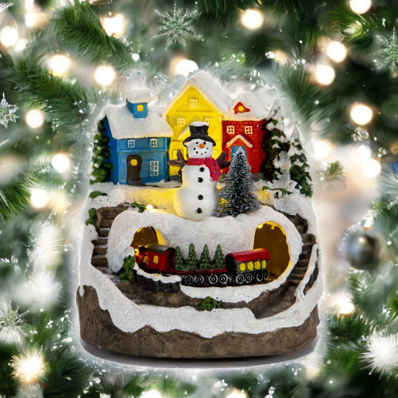 Musikalisches Weihnachtsdorf mit Schneemann und Zug – Leuchtende Deko für die Weihnachtszeit