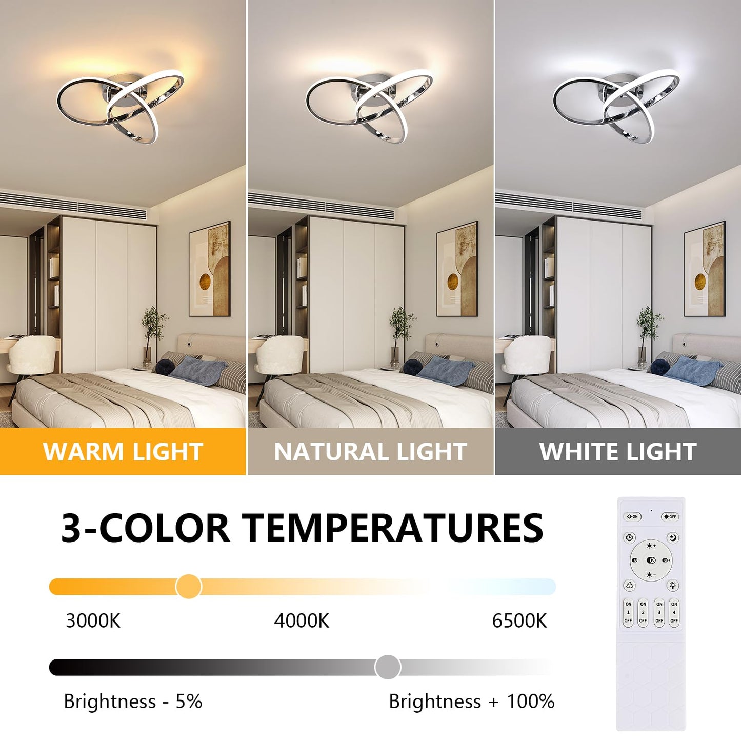 Dimmbare LED Deckenleuchte, Schlafzimmer Deckenlampe mit Fernbedienung, 3000K-6500K, 36W Moderne Silberne/Schwarz LED Deckenbeleuchtung