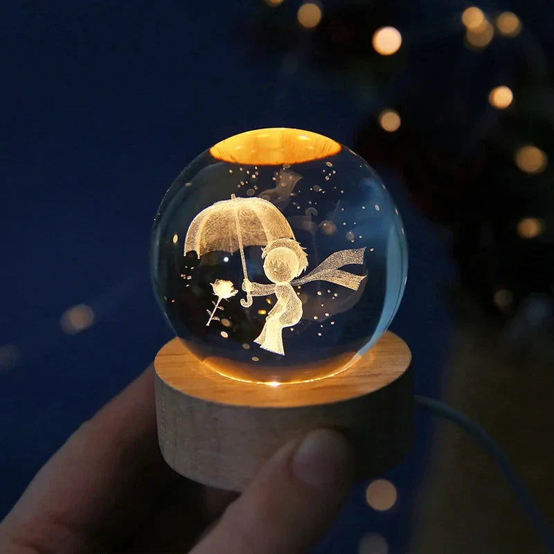 3D Kristall Nachtlicht LED - Sternenhimmel Projektor mit Holzsockel, Romantische Beleuchtung für Schlafzimmer & Geschenke