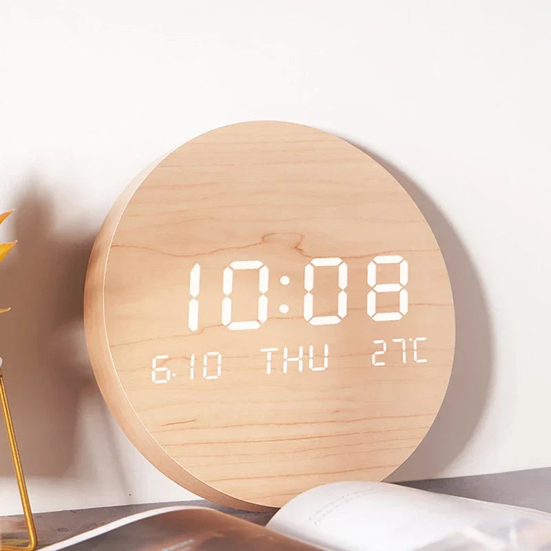 Moderne Holz-Tischuhr mit LED-Anzeige, Alarm und Temperaturanzeige – Stilvolle digitale Uhr für Schreibtisch und Schlafzimmer