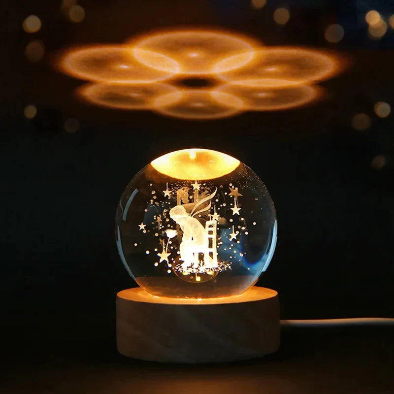 3D Kristall Nachtlicht LED - Sternenhimmel Projektor mit Holzsockel, Romantische Beleuchtung für Schlafzimmer & Geschenke