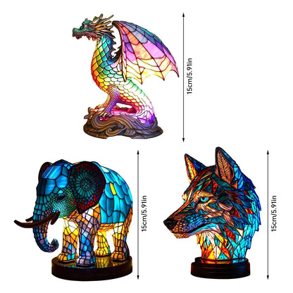 Tier-Glasmalerei-Lampe im Wolf-Design - Handgefertigte Bunte Tischlampe mit LED Beleuchtung, Dekorative Leuchte für Wohnzimmer & Schlafzimmer