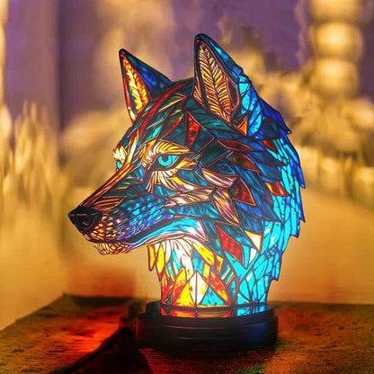 Tier-Glasmalerei-Lampe im Wolf-Design - Handgefertigte Bunte Tischlampe mit LED Beleuchtung, Dekorative Leuchte für Wohnzimmer & Schlafzimmer